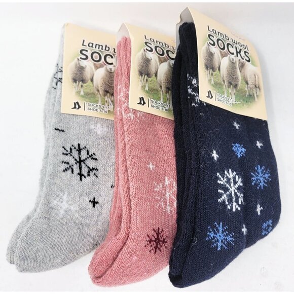 NEW Women Lamb Wool Crew Socks, Warm Winter Heavy Duty Boot, 3 Pairs, Snowflakes - Picture 1 of 4